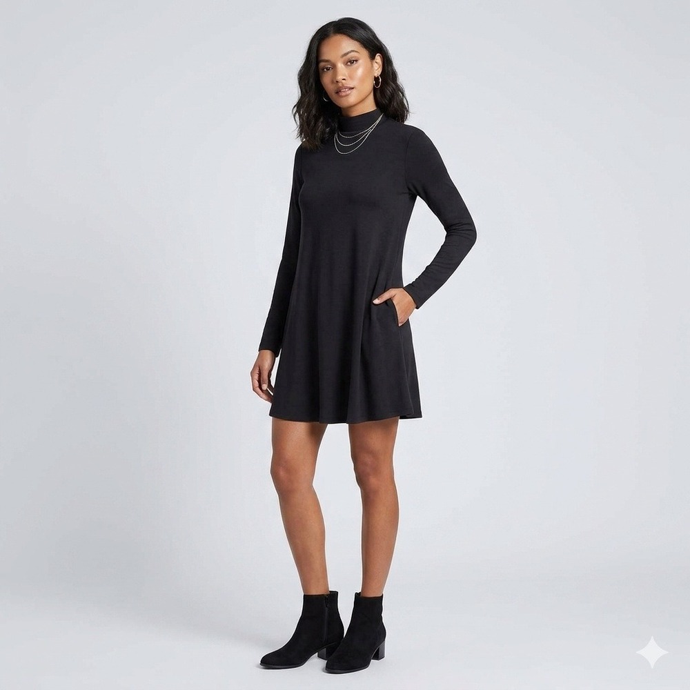 Sympli‎ The Best Womens Black Mock Neck Long Sleeve A-Line Tunic Top Size 8